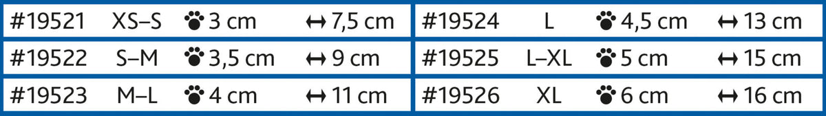 Eine Tabelle mit sechs Zeilen zeigt Größenangaben von XS-S bis XL mit Breiten- und Längenmaßen in Zentimetern.