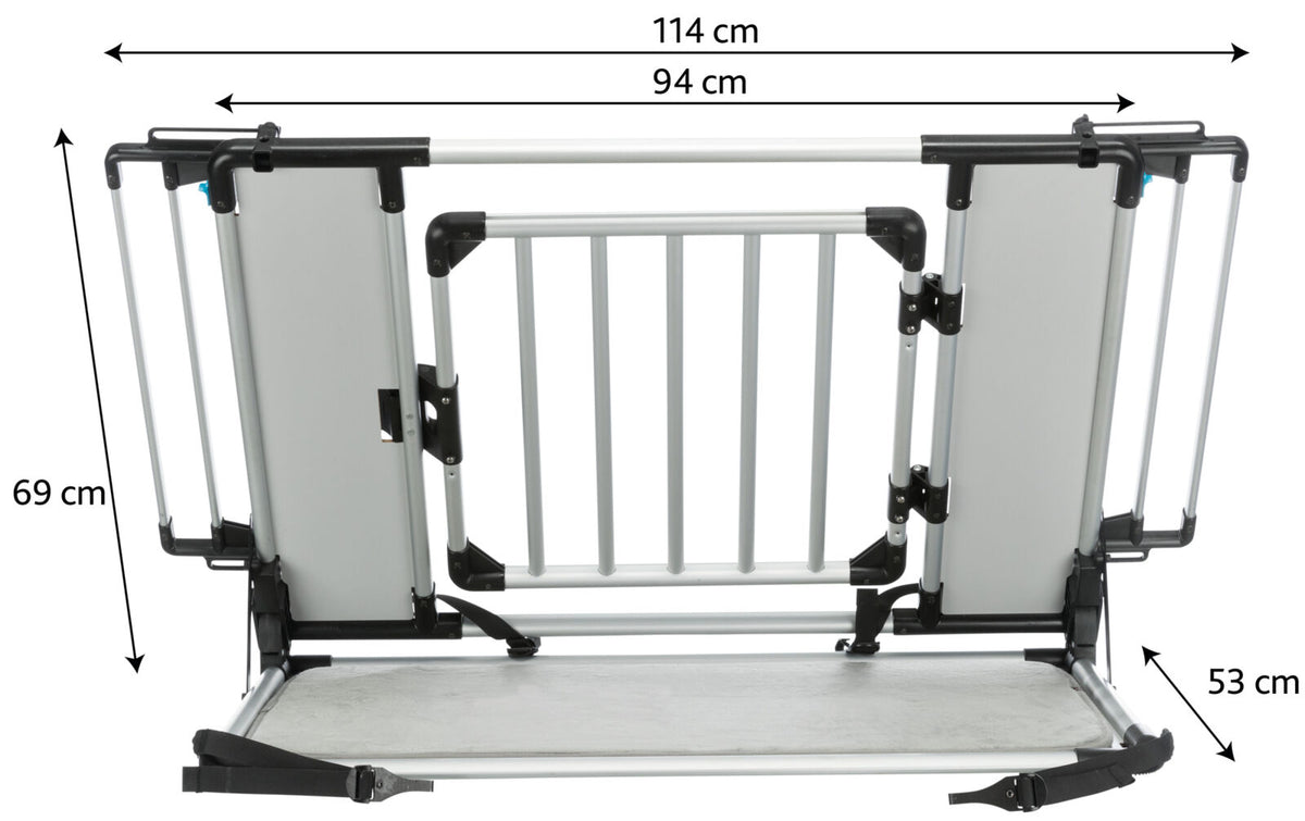 Metallrahmen mit den Maßen 114 cm in der Breite, 94 cm Höhe und 53 cm Tiefe, versehen mit schwarzen Verbindungsstücken.