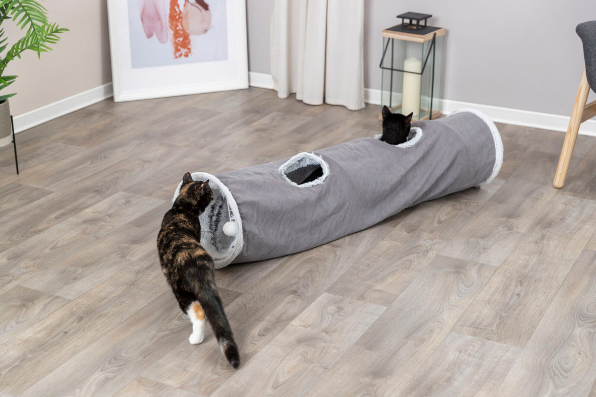 Zwei Katzen spielen in einem grauen Stofftunnel mit Löchern auf einem Holzfußboden in einem modernen Raum.