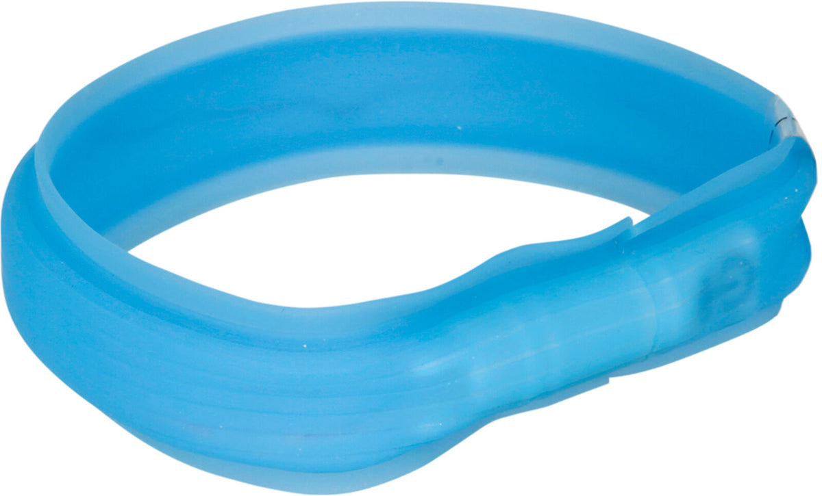Ein blaues, ovales Kunststoffband, vermutlich ein Armband, mit einer glatten, glänzenden Oberfläche.