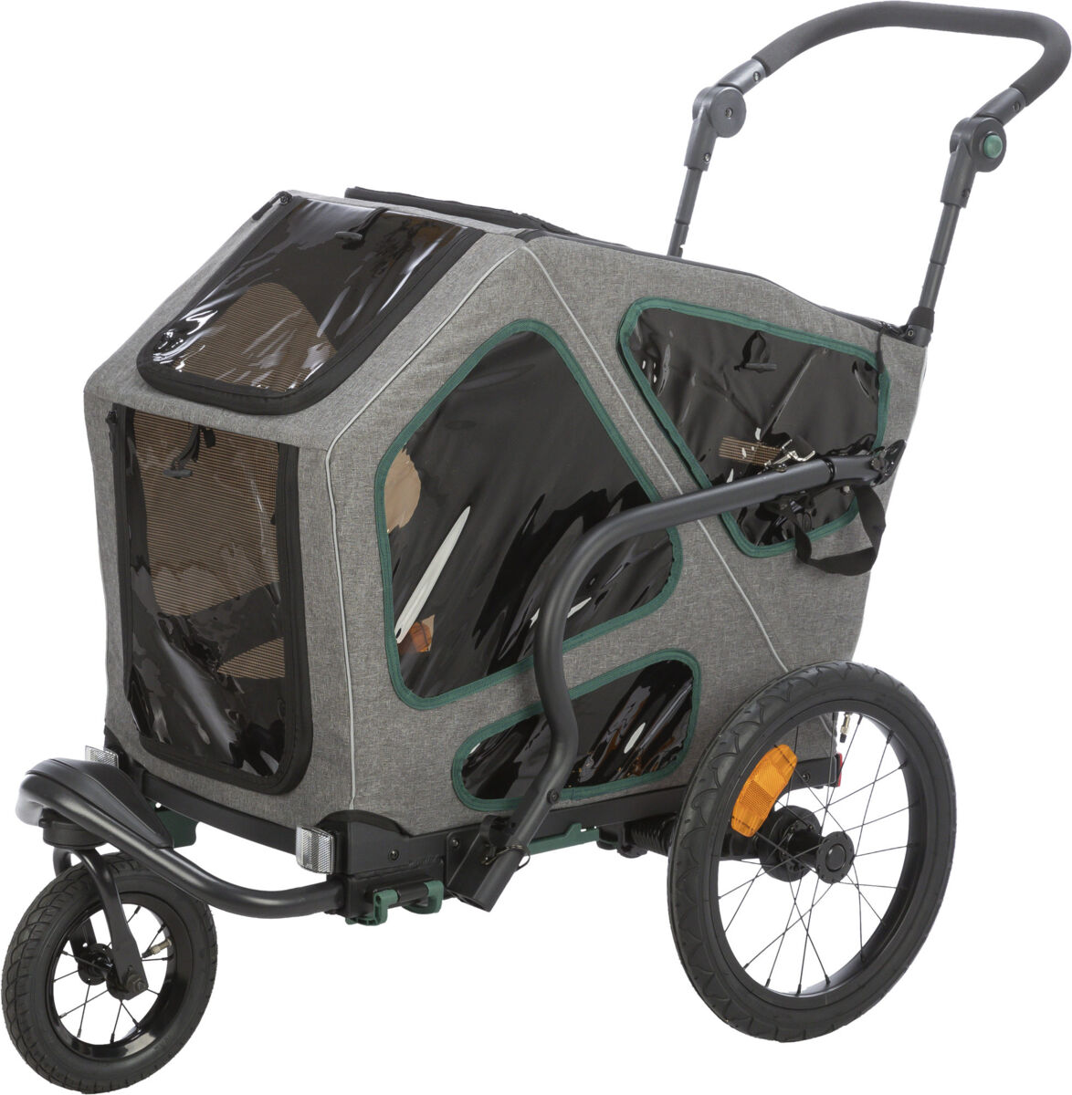 Dreirädriger Fahrradanhänger in Grau mit schwarzen und grünen Details, transparenten Fenstern und Griff zum Schieben.