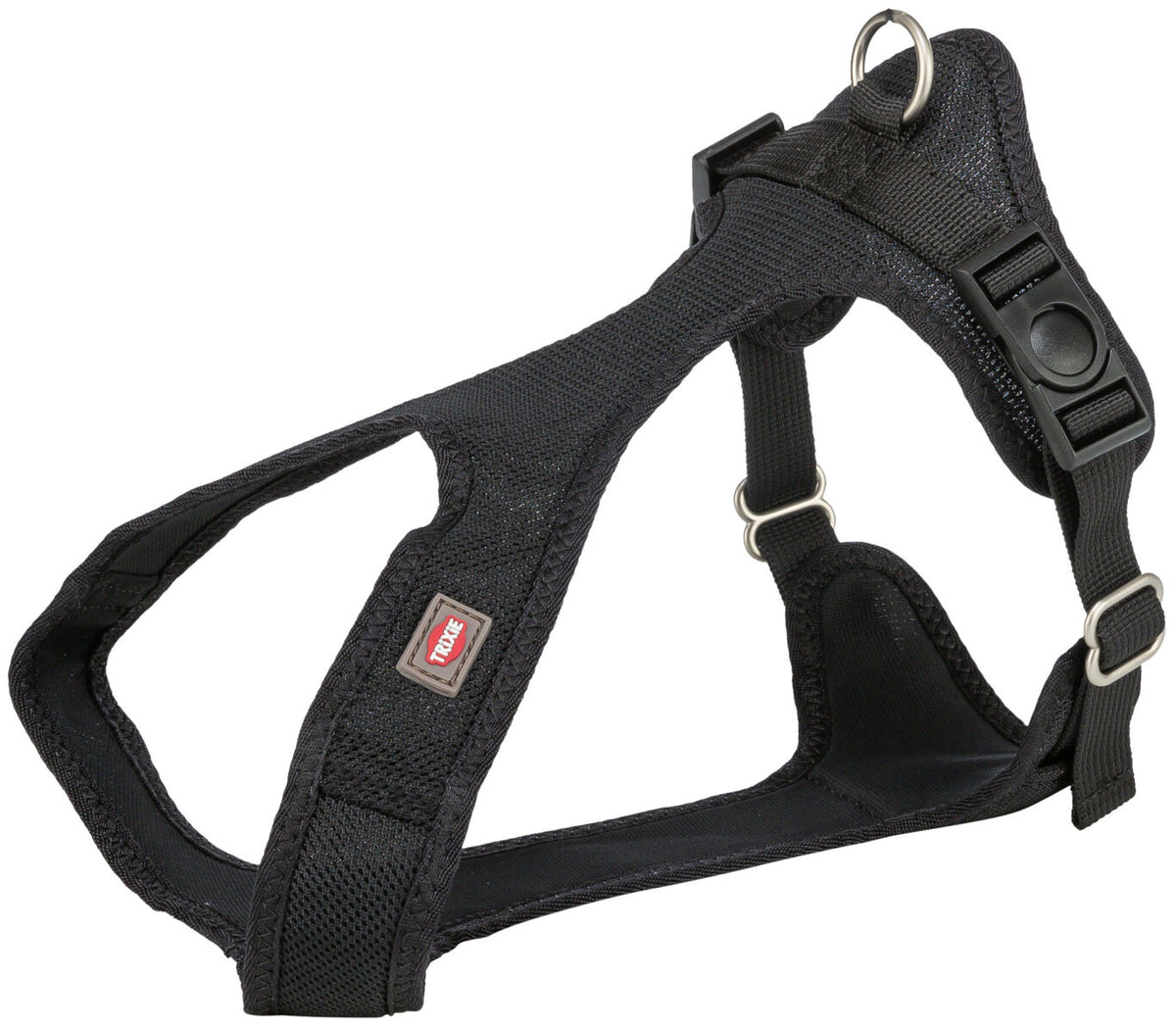 Schwarzes Hundegeschirr mit Schnallen und Befestigungsring.