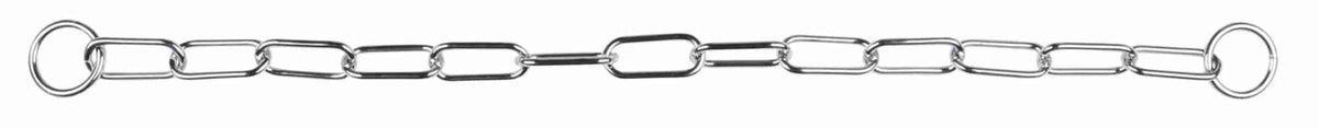 Eine silberne Metallkette mit ovalen Gliedern und zwei runden Ringen an den Enden.
