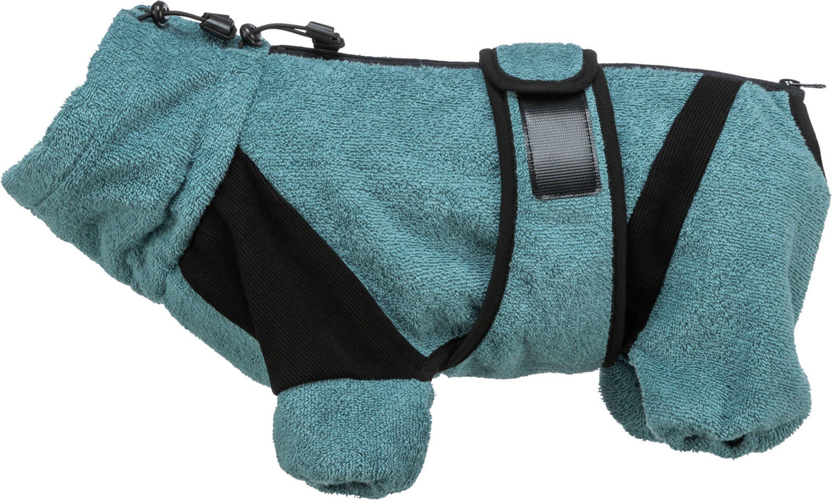 Türkisfarbene Hundemantel aus Frottee mit schwarzem Riemen und Reißverschluss, verstellbar mit Klickverschluss.