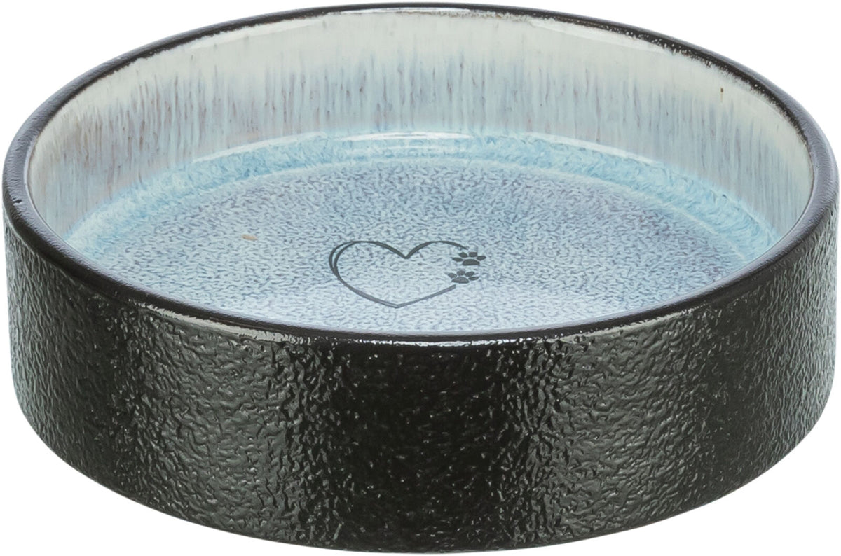 Runde Schale mit schwarzem, texturiertem Rand und blauem Innenbereich, dekoriert mit einem Herzsymbol.
