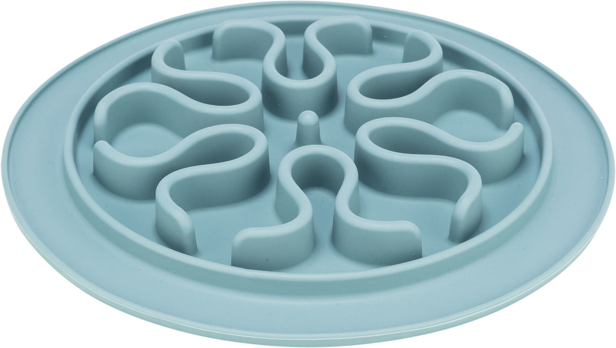 Runde türkise Silikonmatte mit erhöhten, geschwungenen Barrieren in einem spiralförmigen Design.