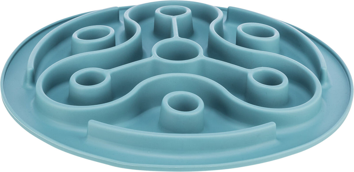 Rundes, blaues Labyrinth-Design mit erhöhten Kanten und Wänden, flach auf einer Oberfläche liegend.