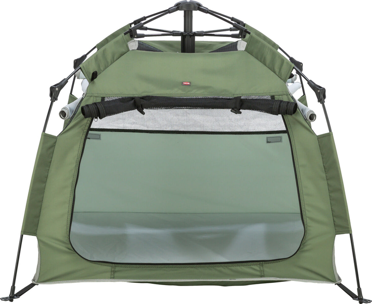 Grünes, aufrechtes Zelt mit offener Vorderseite und schwarzem Gestänge, geeignet für Outdoor-Aktivitäten.