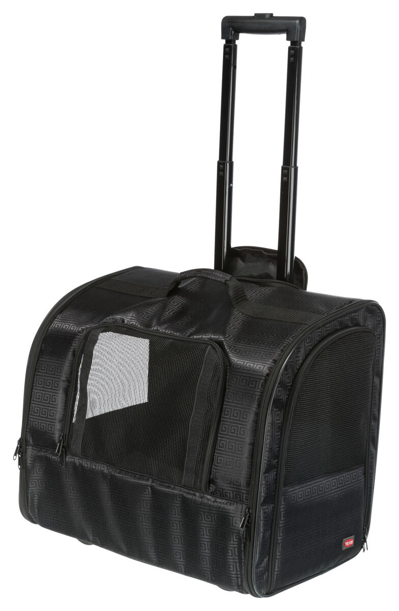 Schwarze Transporttasche mit ausziehbarem Griff, seitlichen Netzeinsätzen und geometrischem Muster.