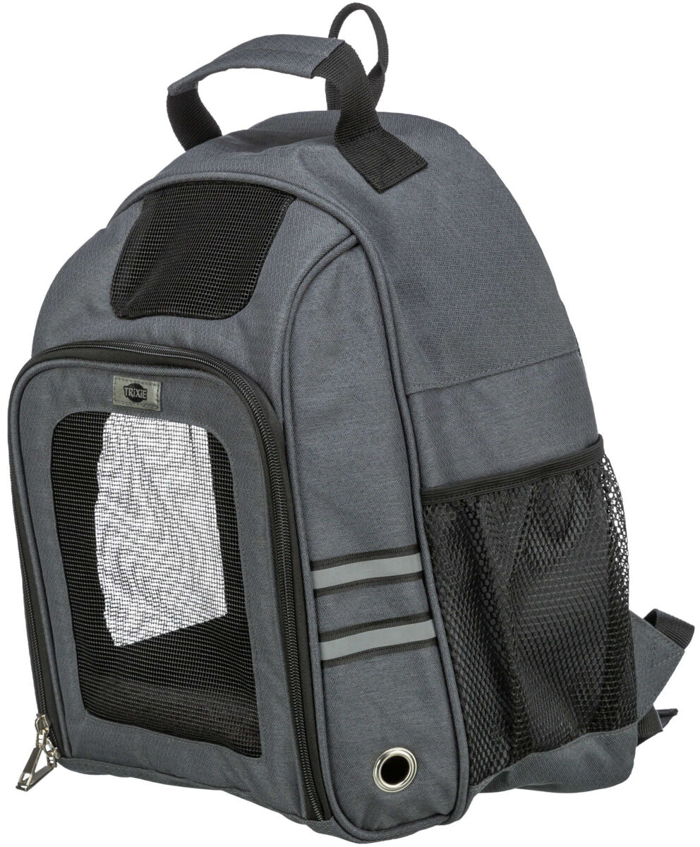 Grauer Rucksack mit mehreren Mesh-Einsätzen, Reißverschlüssen und Tragegriffen sowie seitlichem Netzfach.
