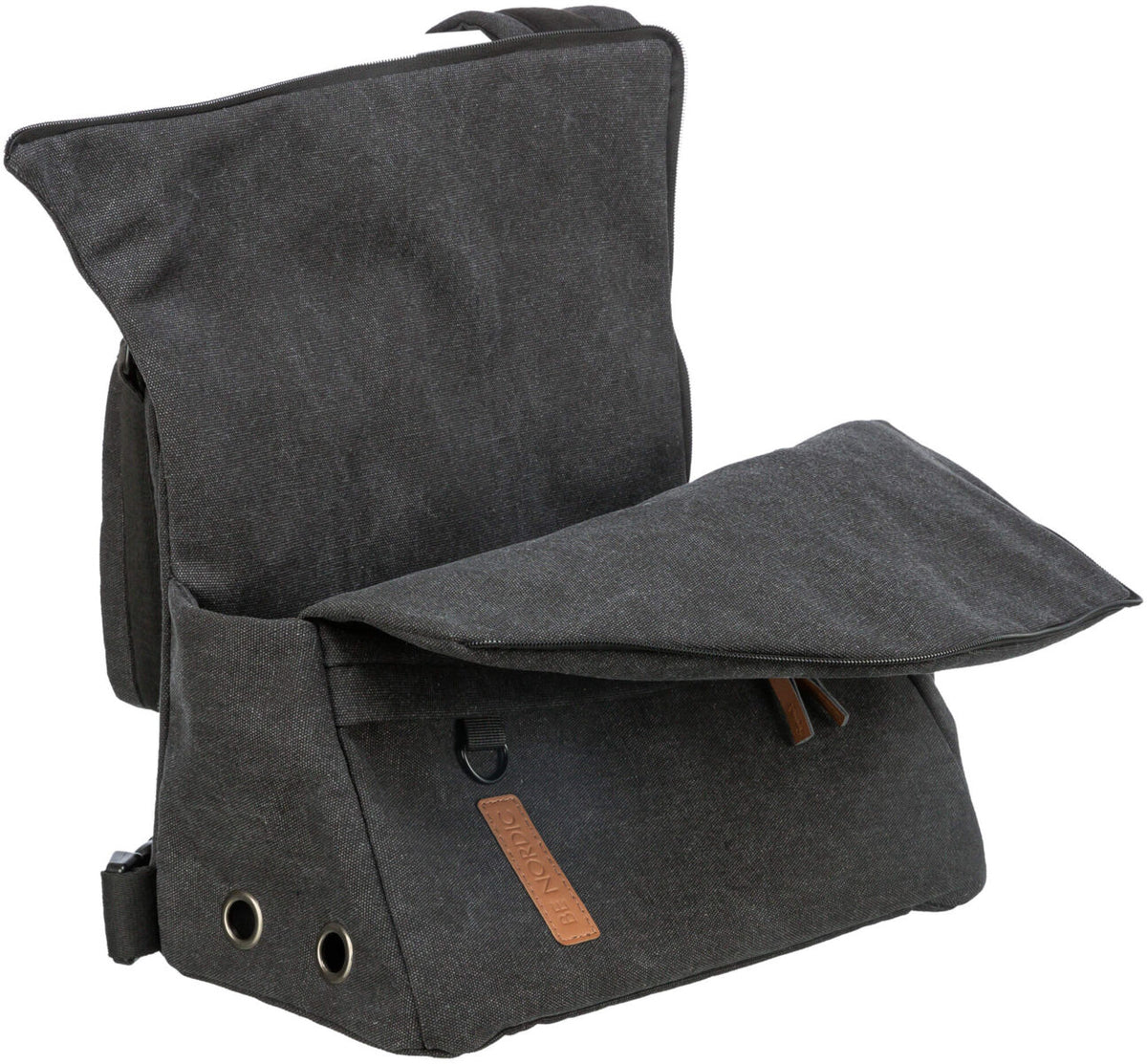 Dunkelgrauer Rucksack mit offenen, beigen Reißverschlüssen und verstärkten Rändern, rechteckige Form.