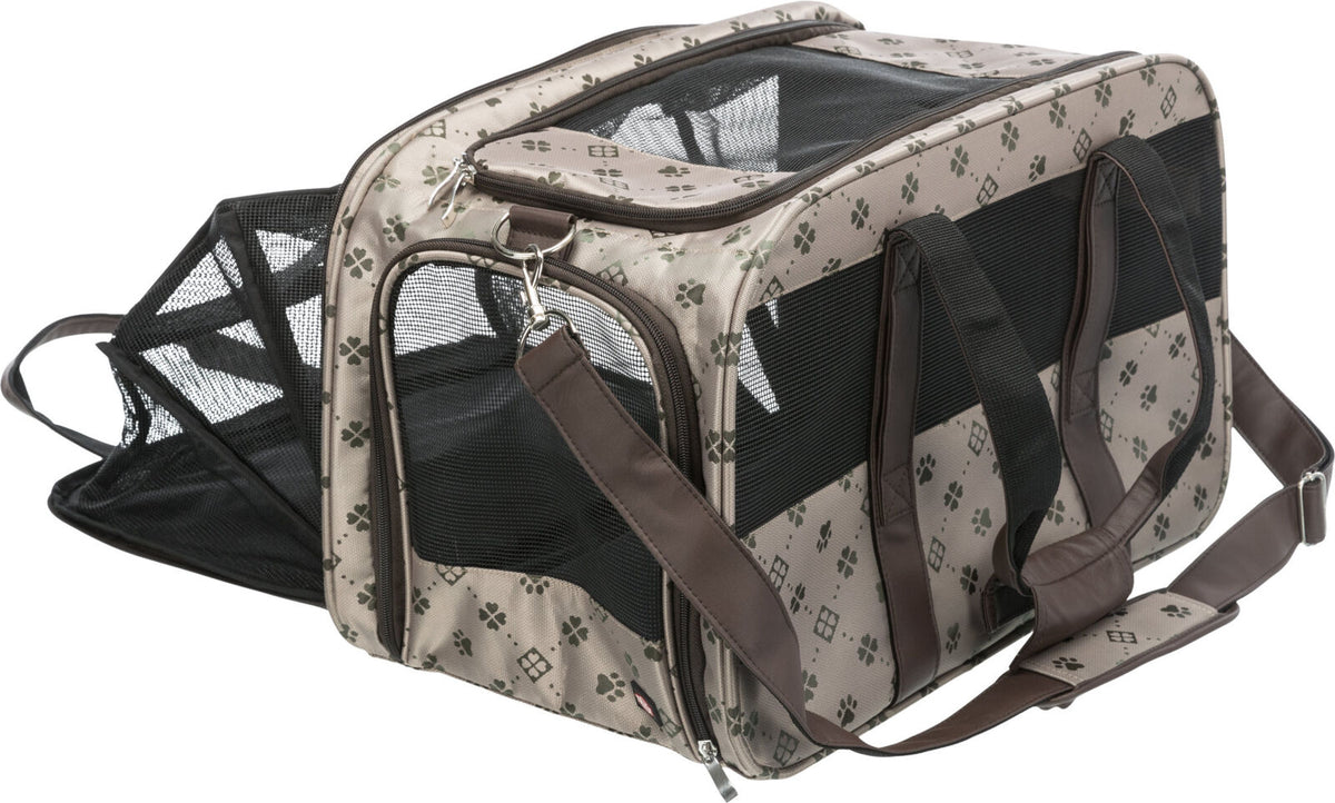 Beige Transporttasche mit braunem Henkel und schwarzem Netzmaterial, dekoriert mit Pfotenabdrücken.