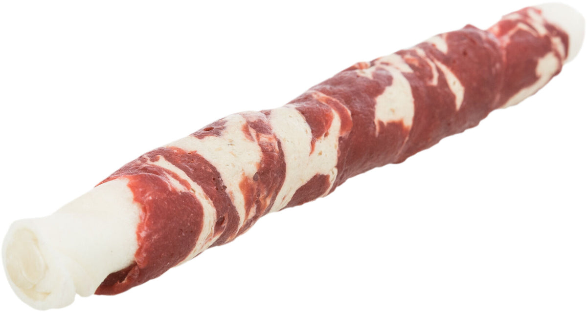 Langes, spiralförmiges Objekt in den Farben Weiß und Rot, ähnlich einem zusammengerollten Snack.