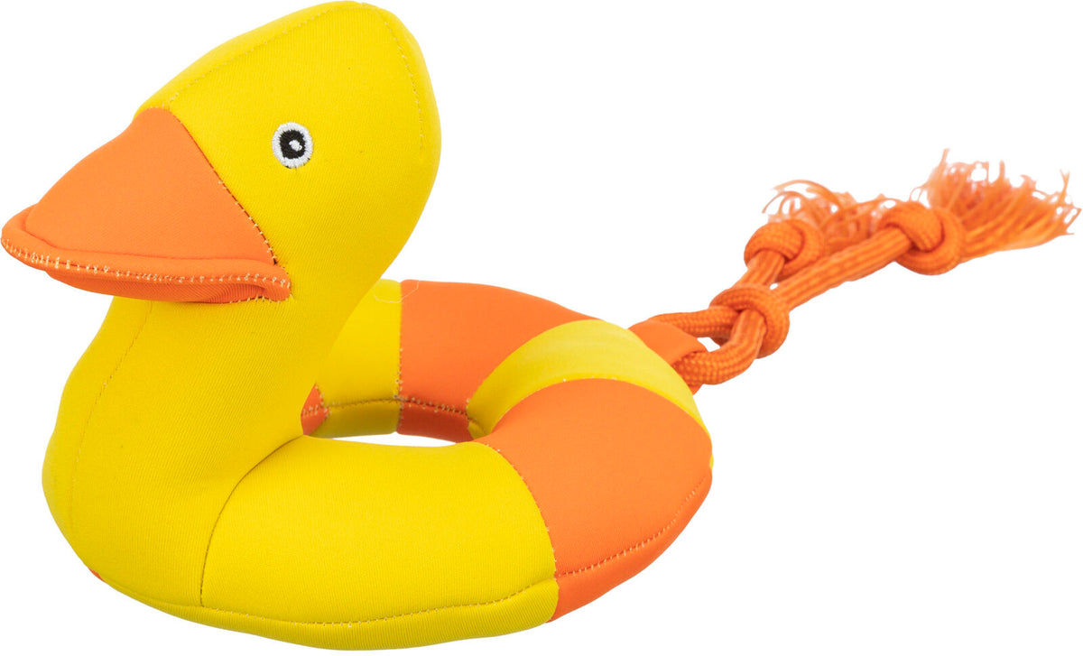 Gelbes und oranges schwimmringförmiges Spielzeug in Entenform mit angenähtem Seil am Ende.