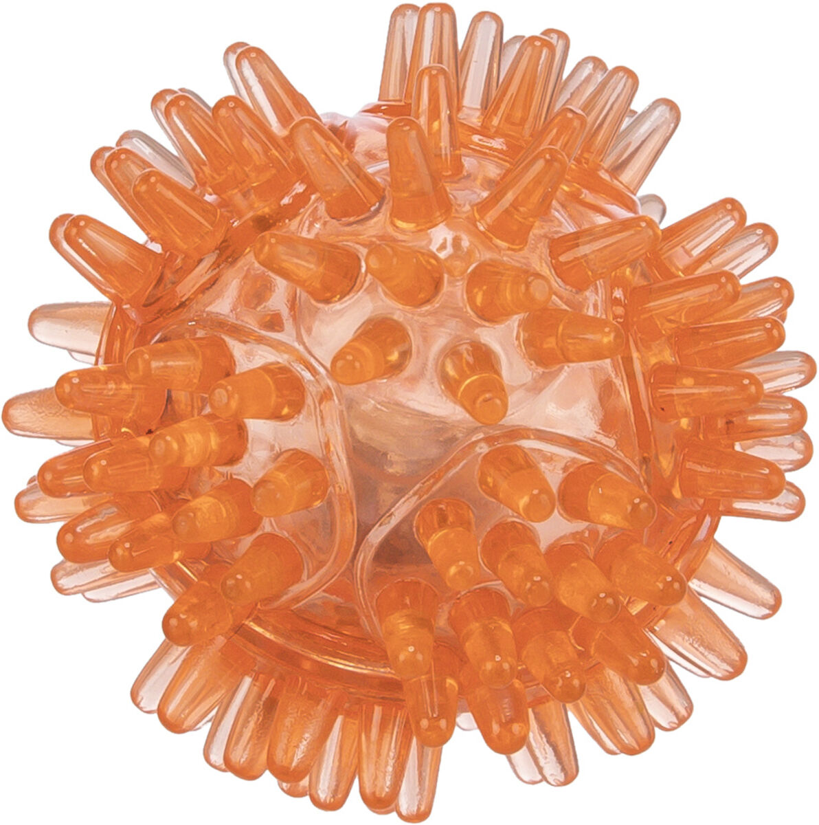 Transparenter orangefarbener Ball mit vielen stachelartigen Spitzen, gleichmäßig verteilt.