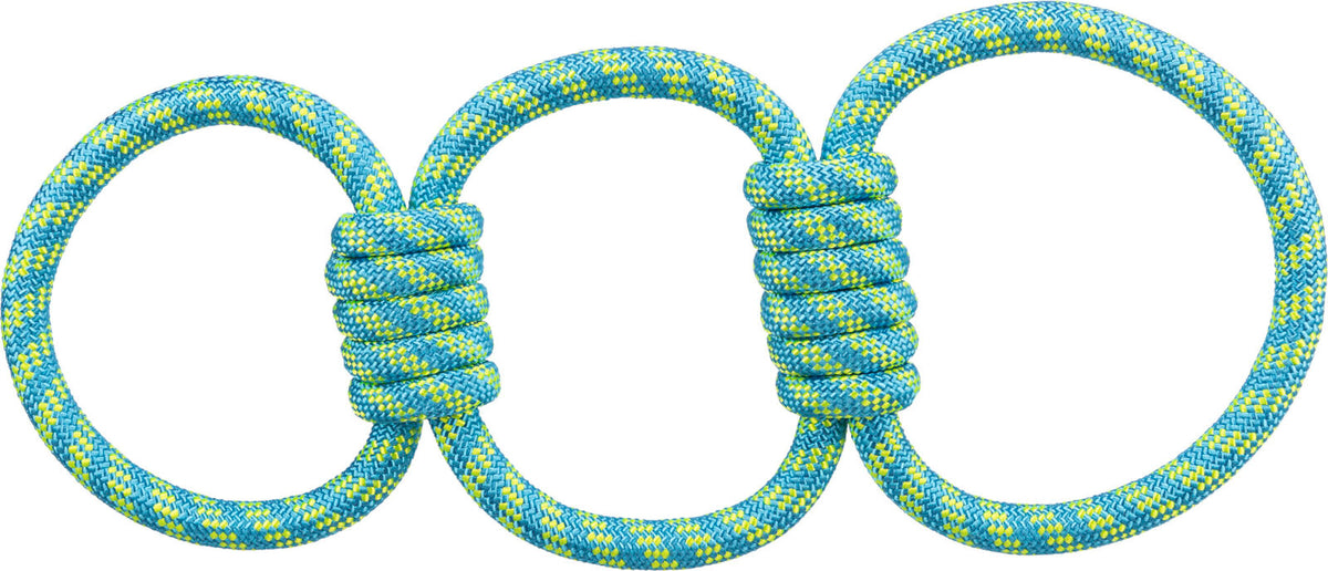 Drei miteinander verbundene Ringe aus blau-gelbem Seil mit Wicklungen an den Verbindungsstellen.