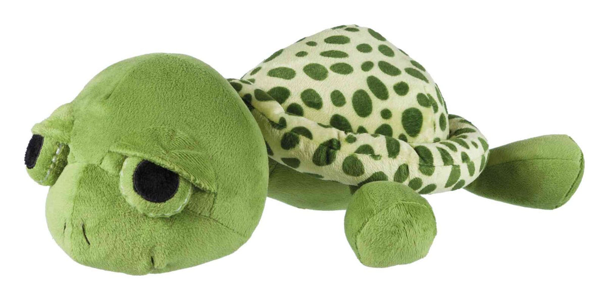 Plüschschildkröte in Hell- und Dunkelgrün mit großen Augen und gepunktetem Panzer.