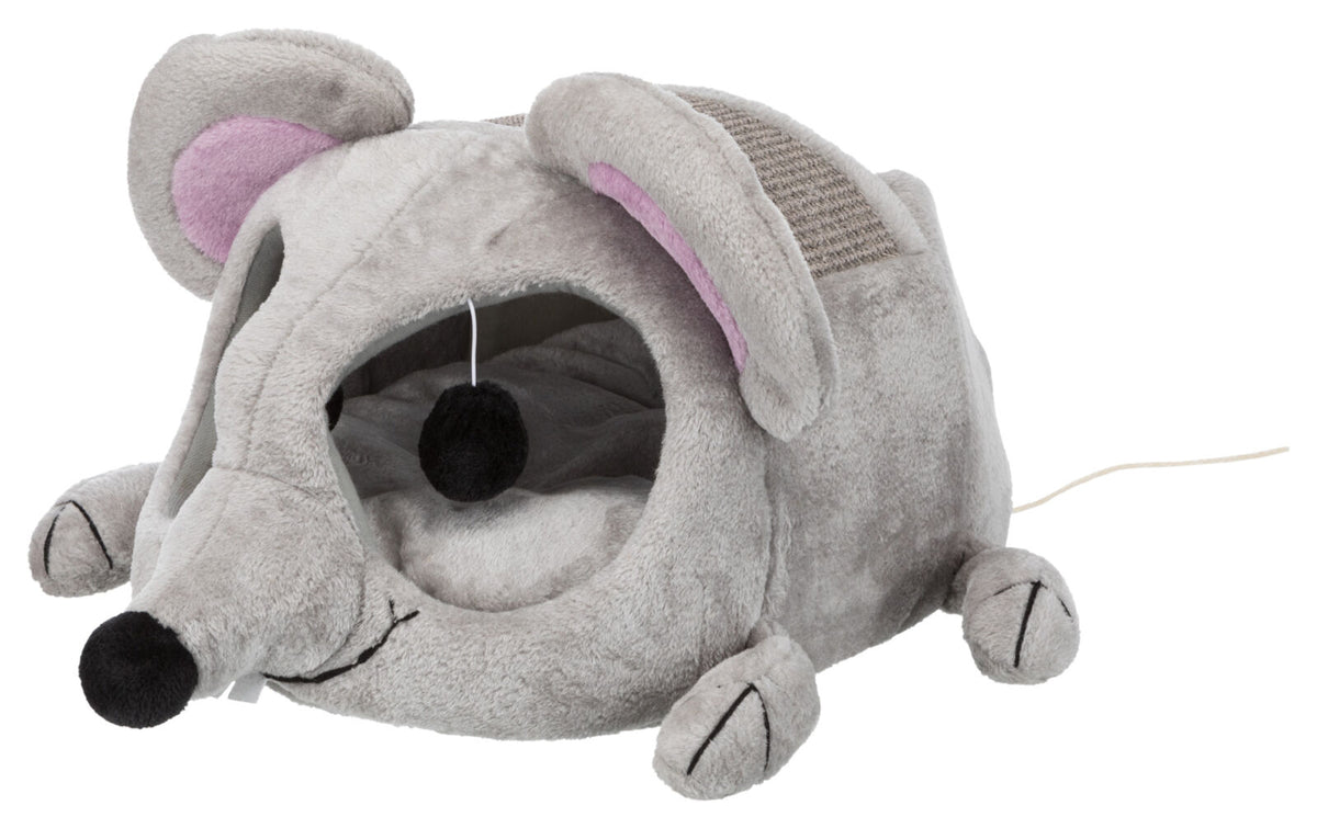 Plüschhöhle in Form einer grauen Maus mit rosa Ohren und schwarzem Spielzeugball an einer Schnur.