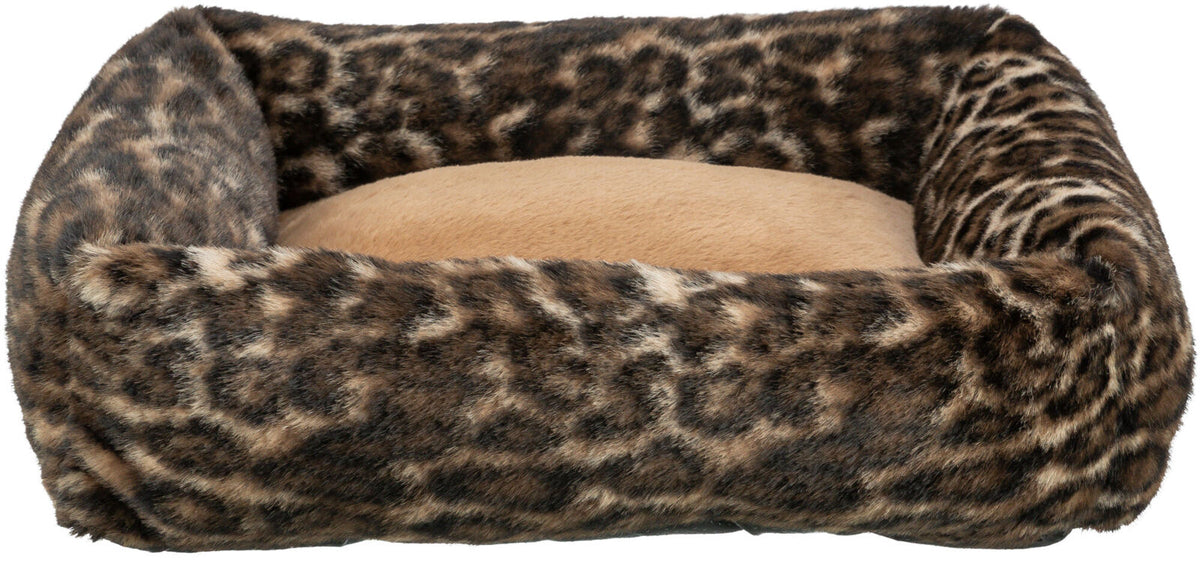 Rechteckiges Katzenbett mit Leopardenmuster, weichem, cremefarbenem Innenkissen und flauschigem Rand.