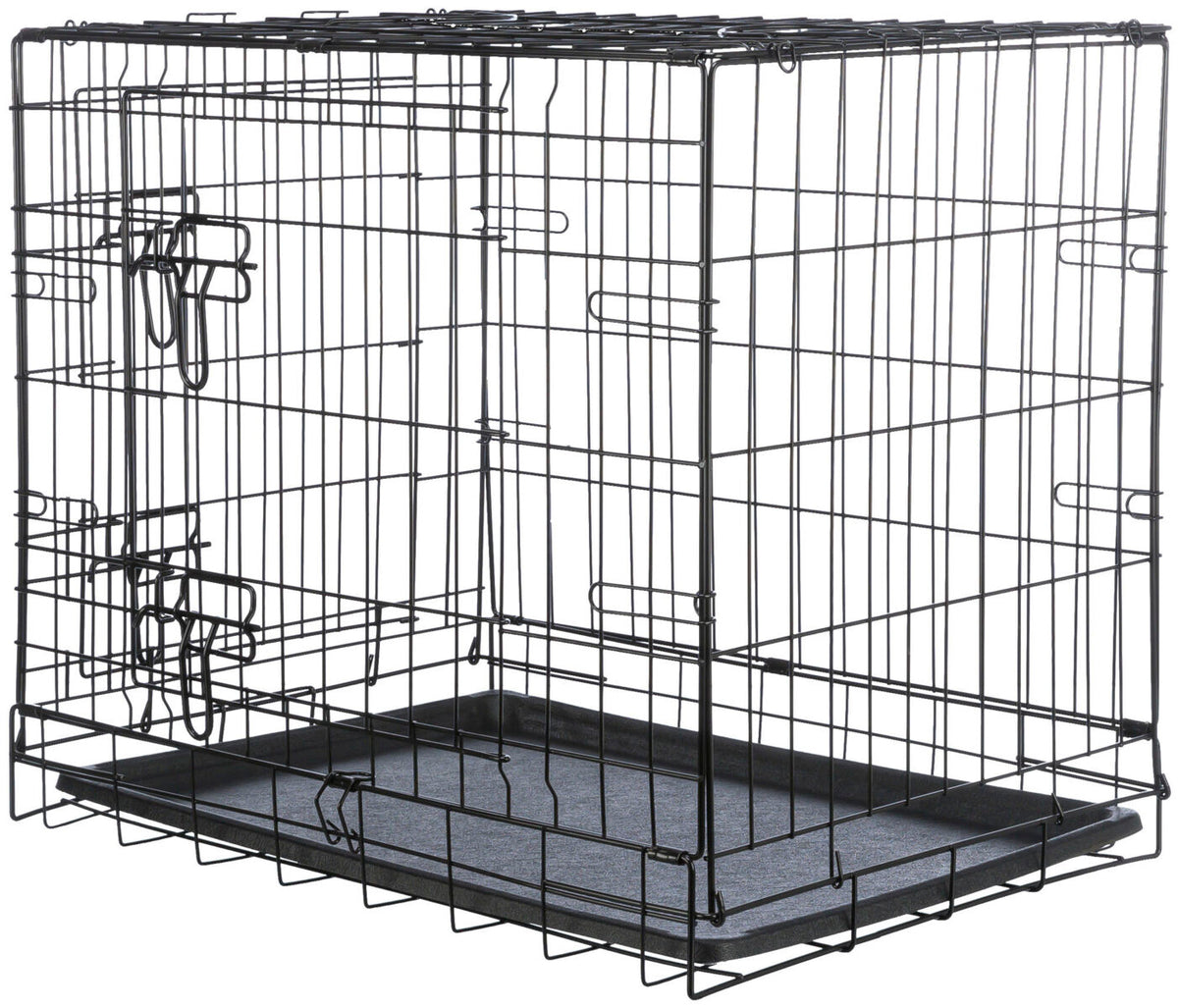Schwarzer Metallkäfig mit rechteckiger Form und herausziehbarem Bodenfach, offene Gitterstruktur.