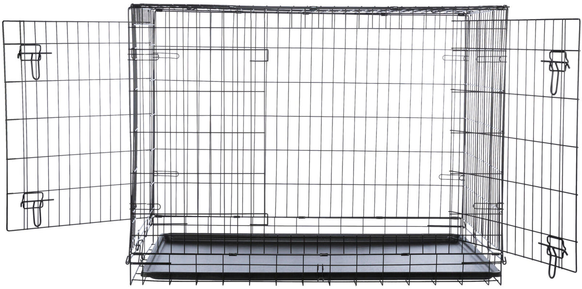 Hundebox aus Metall mit zwei geöffneten Türen und herausnehmbarer Kunststoffwanne auf weißem Hintergrund.