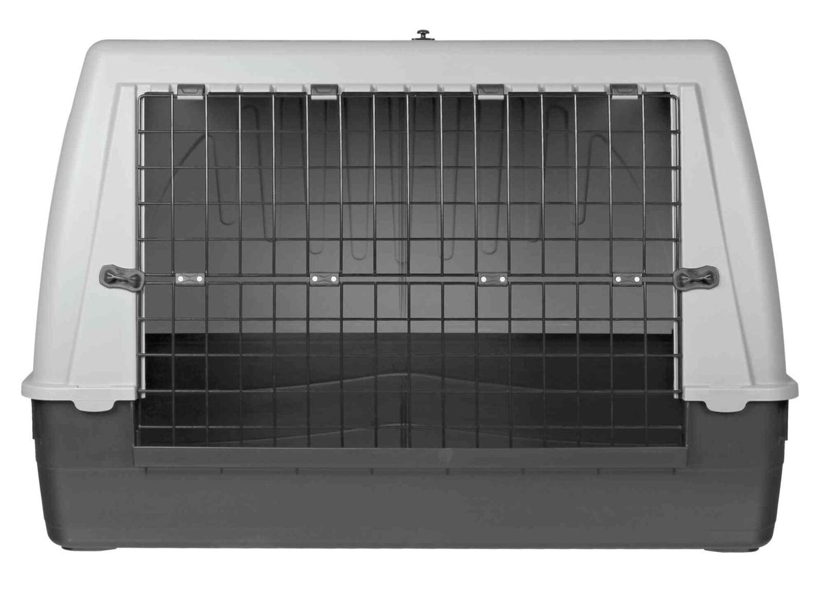 Transportbox mit grauem Oberteil und schwarzem Unterteil, Gittertür vorne, rechteckige Form.