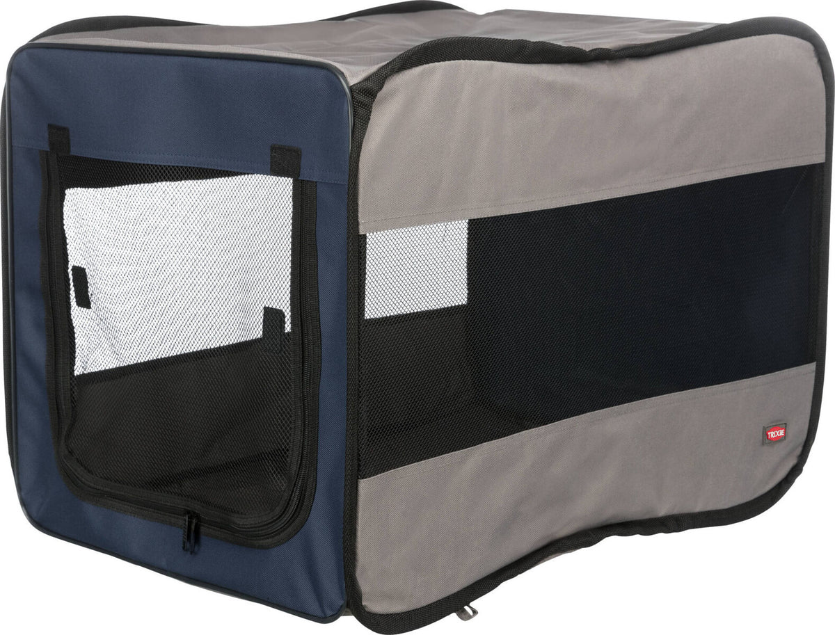 Gefaltete Transportbox aus grauem und blauem Stoff mit schwarzen Netzseiten und einer Reißverschlussöffnung.