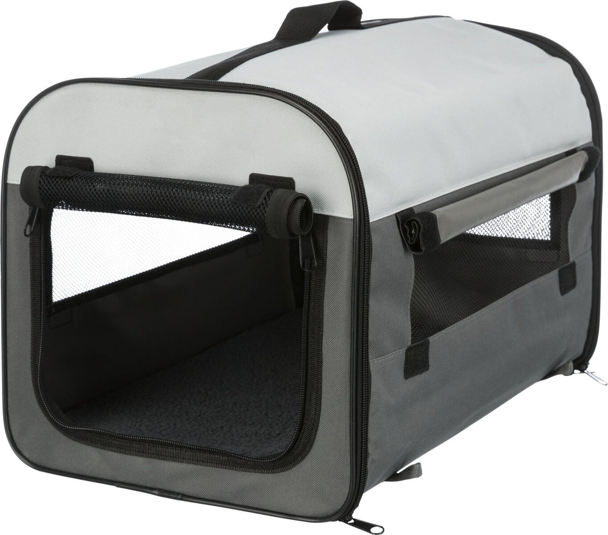 Graue Transportbox mit Netzeinsätzen, Tragegriff oben und zwei großen Öffnungen an der Seite und vorne.