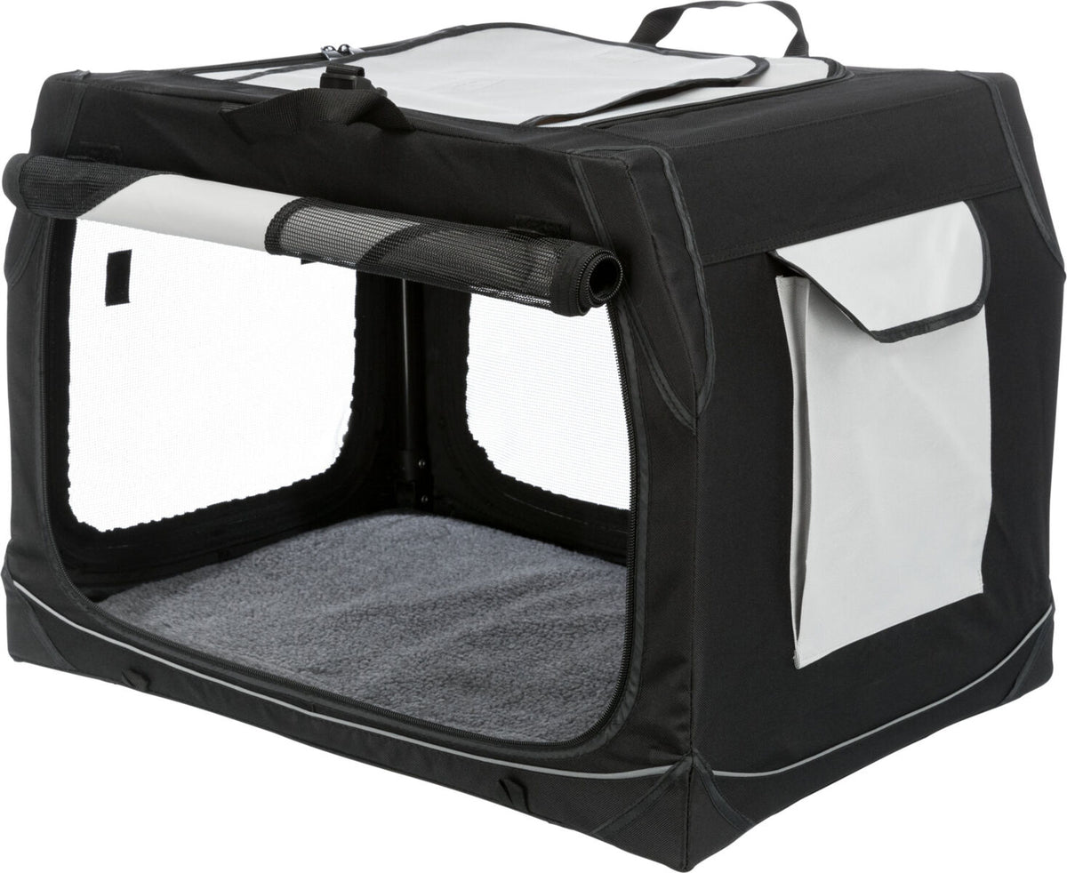 Schwarze und graue Transportbox mit Netzseitenteilen und Reißverschlüssen, oben Tragegriff, rechteckige Form.