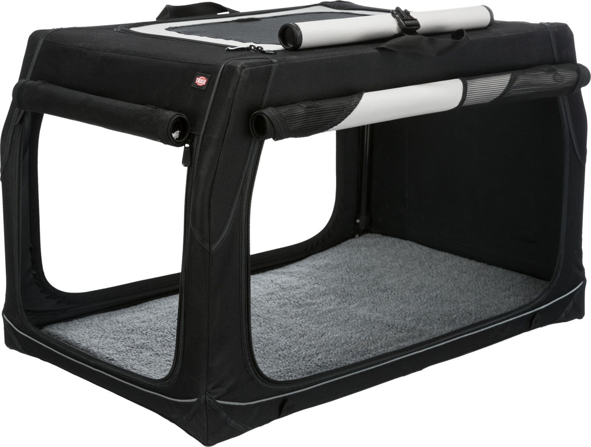 Schwarze, faltbare Transportbox mit grauem Innenpolster und seitlichen Netzeinsätzen für Belüftung.