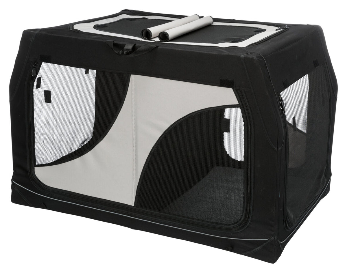 Schwarze und weiße Transportbox mit Netzfenstern und Reißverschlüssen auf der Oberseite und an den Seiten.