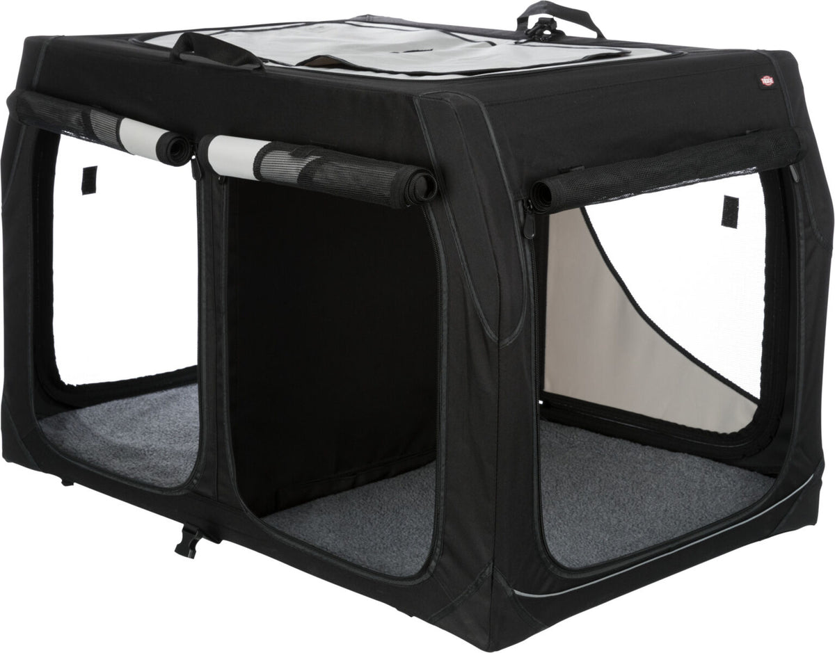 Schwarze, rechteckige Transportbox mit Netzfenstern und grauem Innenboden, oben mit Traggriff ausgestattet.