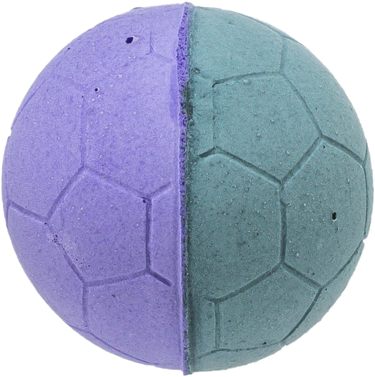 Kugel mit zwei Hälften, eine violett, eine grün, strukturiert wie ein Ball mit sechseckigen Mustern.