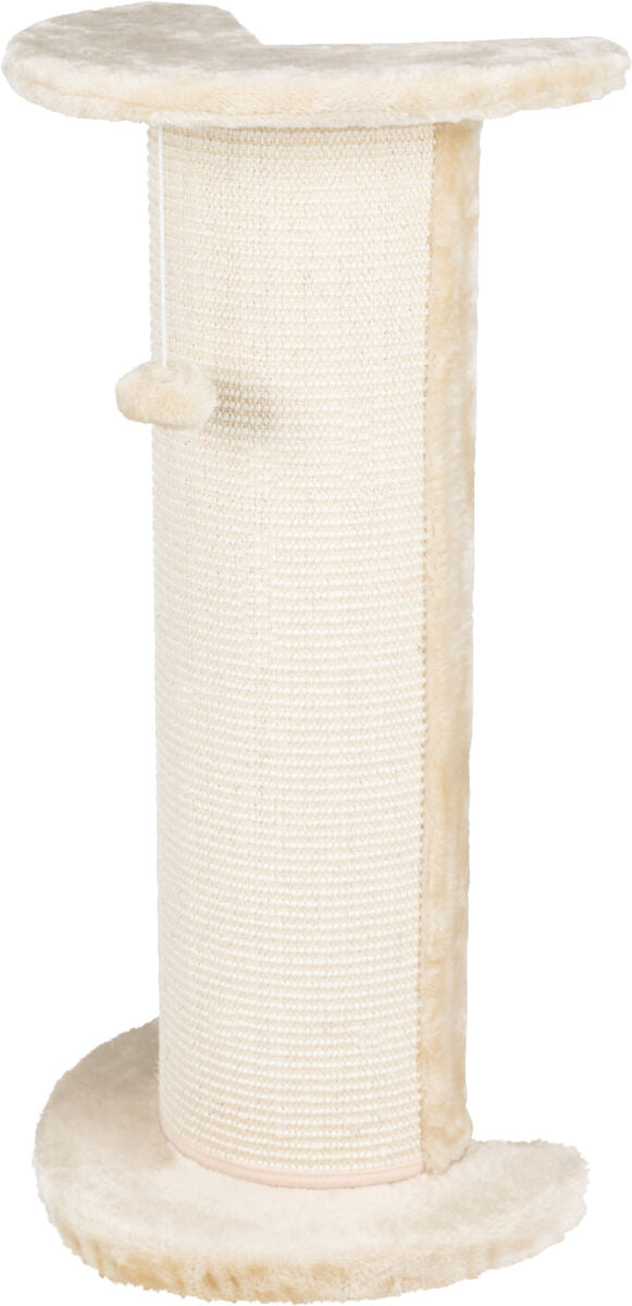 Beigefarbene Kratzsäule mit Plüschbezug und Spielfigur, zylindrische Form, oben und unten mit Platten.