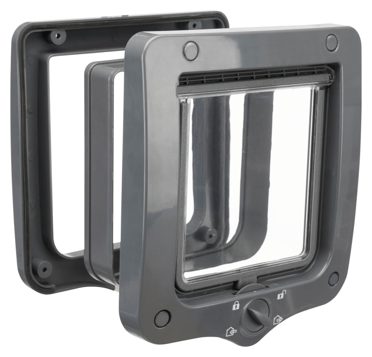 Graue Katzenklappe mit transparentem Fenster und Drehmechanismus zur Verriegelung, quadratische Form.