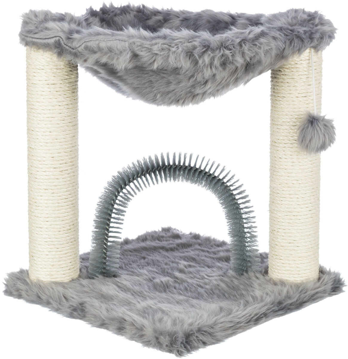 Kratzbaum mit zwei Sisal-Säulen, grauem Plüsch, Schlafhöhle und gebogener Bürste auf Plüschboden.