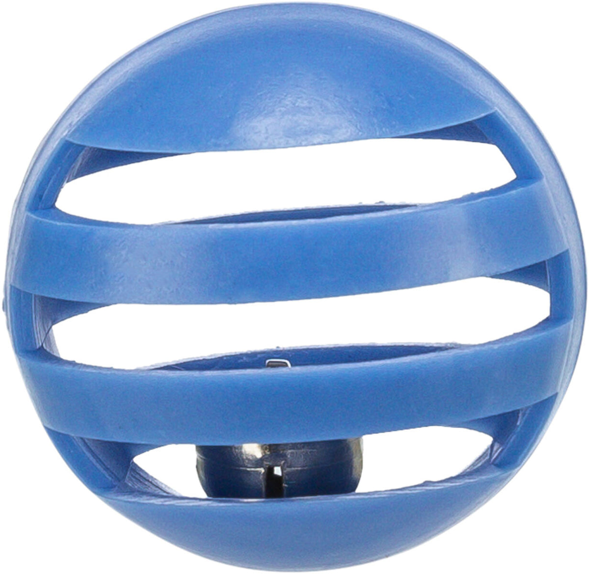 Eine blaue, kugelförmige, offene Gitterkugel mit innenliegender kleiner Glocke.