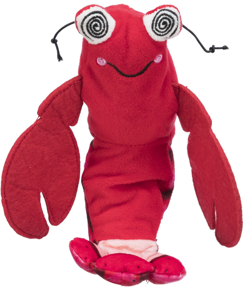 Rotes Plüschtier in Form eines Hummers mit großen Augen und lächelndem Gesicht, schwarze Schnüre als Fühler.