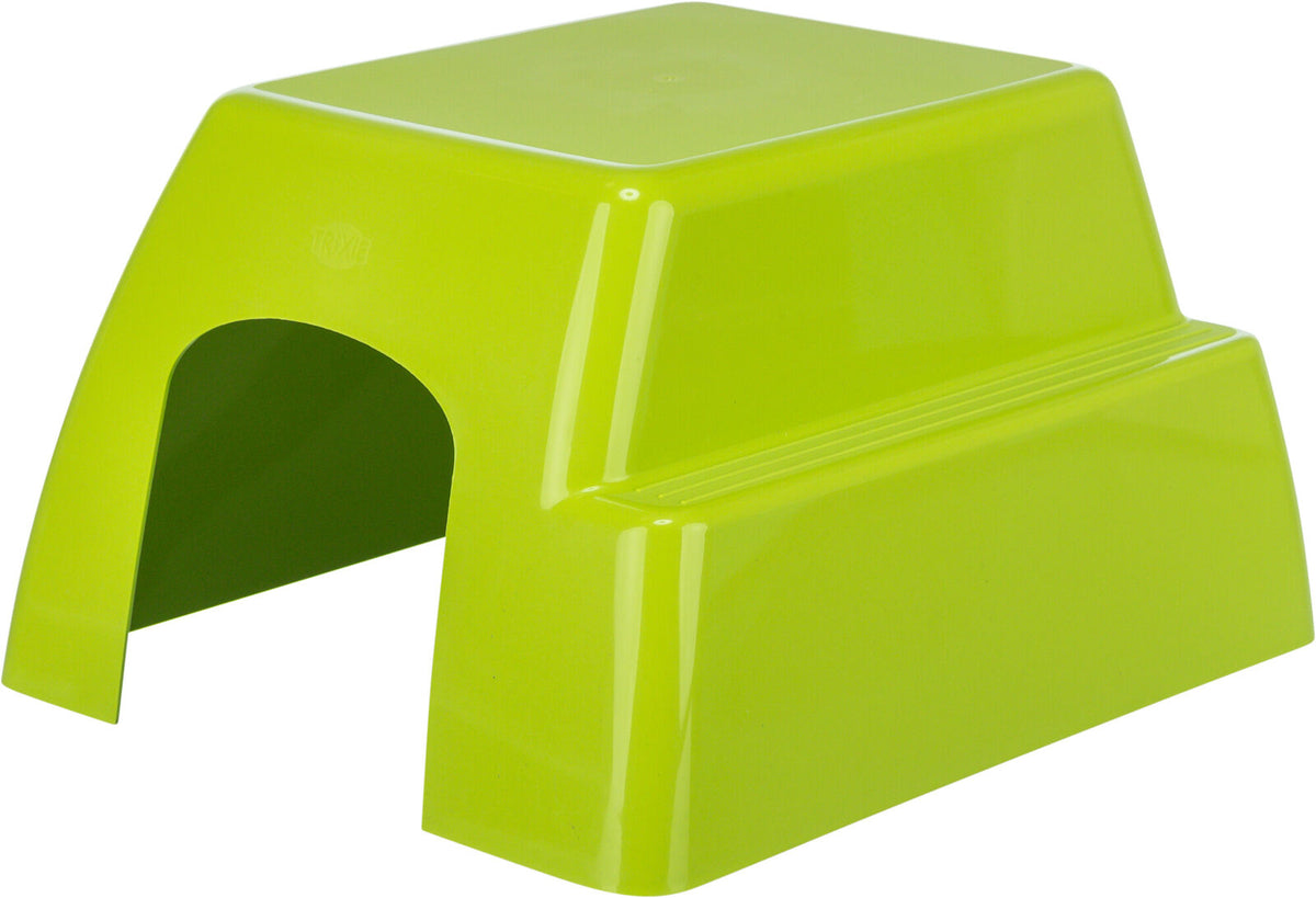Grüne, rechteckige Plastikstruktur mit gewölbtem Eingang, wahrscheinlich eine kleine Höhle oder Abdeckung.