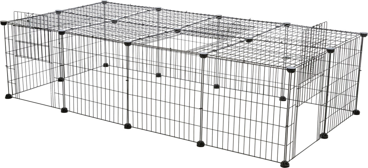 Rechteckiger, schwarzer Metallkäfig mit Gitterdesign und herausnehmbarer Tür auf der Vorderseite.