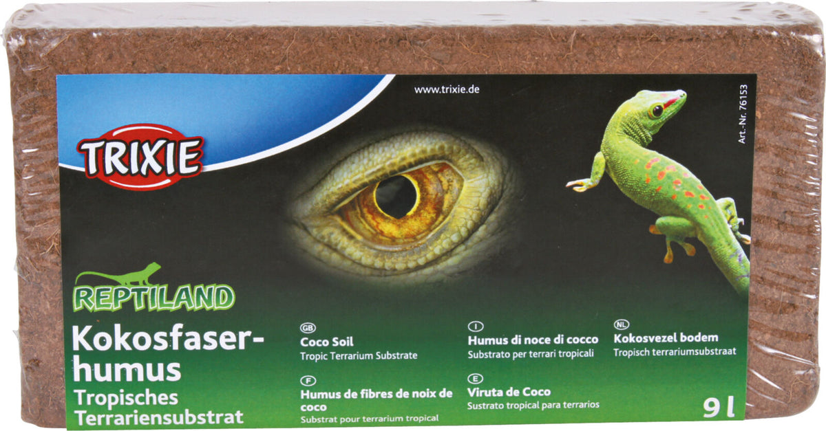 Verpackung von Trixie Reptiland Kokosfaserhumus mit Bild eines Reptilienauges und eines grünen Geckos, 9-Liter-Packung.