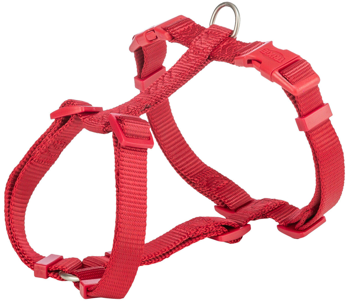 Rotes Hundegeschirr mit verstellbaren Gurten und Metallring, kein Tier sichtbar.