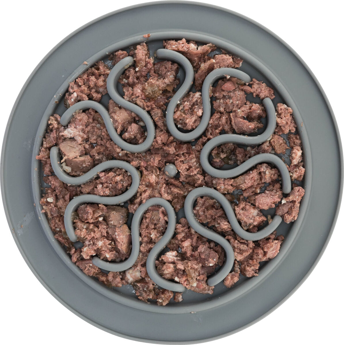Grauer Napf mit labyrinthischen Erhebungen, gefüllt mit bräunlichem zerkleinerten Futter.