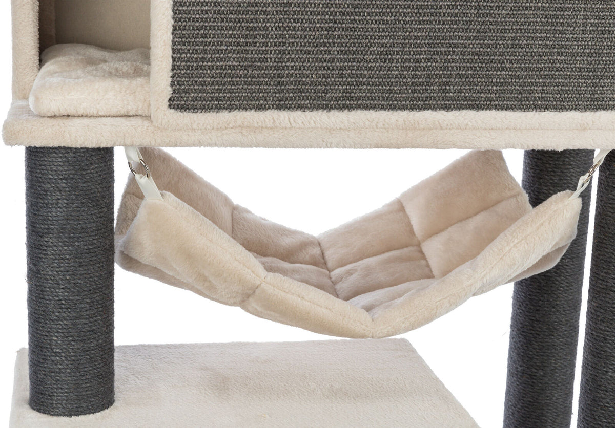 Beige Hängematte unter einer Plattform mit grauem, texturiertem Stoff, getragen von zwei dunkelgrauen Säulen.