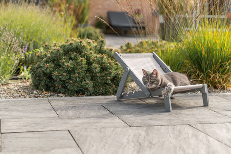 Eine Katze  liegt auf einer Klappliege, die auf einer Terrasse im Grünen steht.