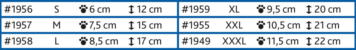 Beschreibung einer Tabelle mit sechs Zeilen, die jeweils eine Nummer, eine Größe (S bis XXXL), und zwei Maße in Zentimetern anzeigen.