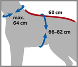 Schema eines Hundes mit Kragenumfang bis 64 cm, Rückenlänge 60 cm, Brustgurt 66–82 cm.