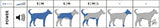 Diagramm mit verschiedenen Hundeillustrationen, blauen Hervorhebungen, Lautstärkeregler und Größenangaben S, M, L.