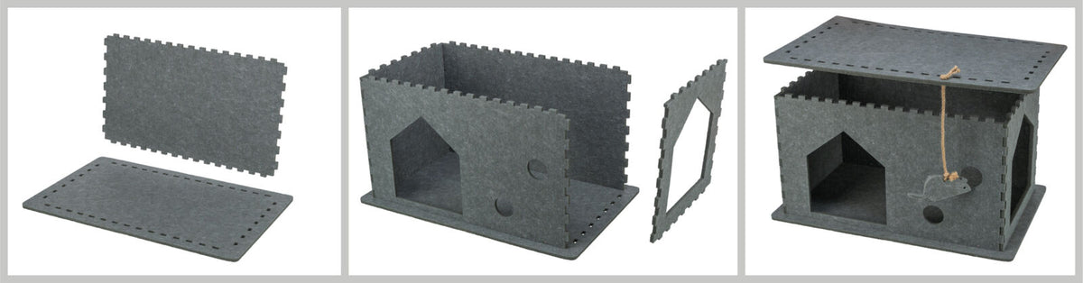 Dreiteilige graue Filz-Höhle mit Aufbauanleitung, rechteckige Form, zusammengebaute Version mit Spielzeug an Schnur.