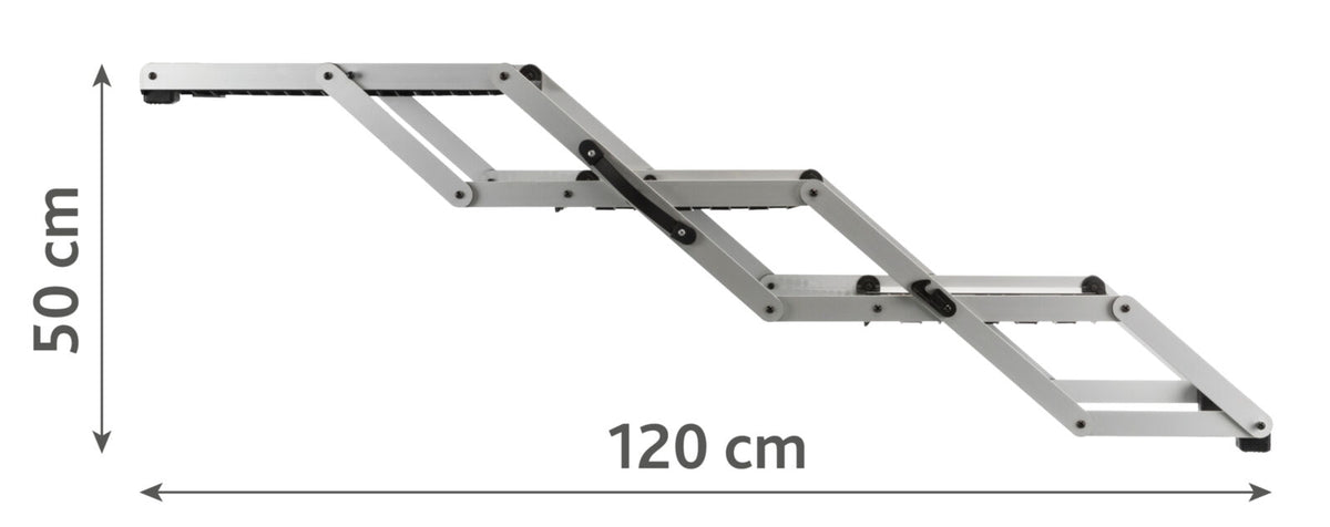 Silberne, faltbare Aluleiter mit einer Länge von 120 cm und einer Höhe von 50 cm im ausgeklappten Zustand.